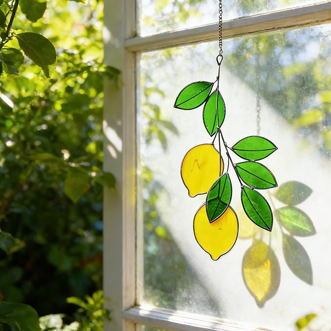 Lemons Leaf Green Artificial Plants, Handcrafted Stained Glass Window Wall Hanging Suncatchers, Fake Plants as Gifts for Houseplant Lovers