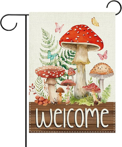 Welcome Spring Summer Mushroom Decorative Garden Flag, Fairy Tale Forest Fern Plant Butterfly Small Yard Outside Decorations, Farmhouse Botanical Burlap Outdoor Home Decor Double Sided 12 x 18