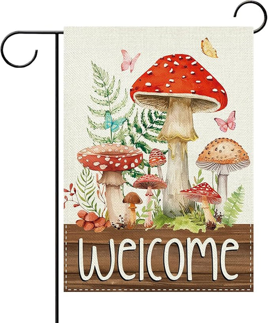 Welcome Spring Summer Mushroom Decorative Garden Flag, Fairy Tale Forest Fern Plant Butterfly Small Yard Outside Decorations, Farmhouse Botanical Burlap Outdoor Home Decor Double Sided 12 x 18