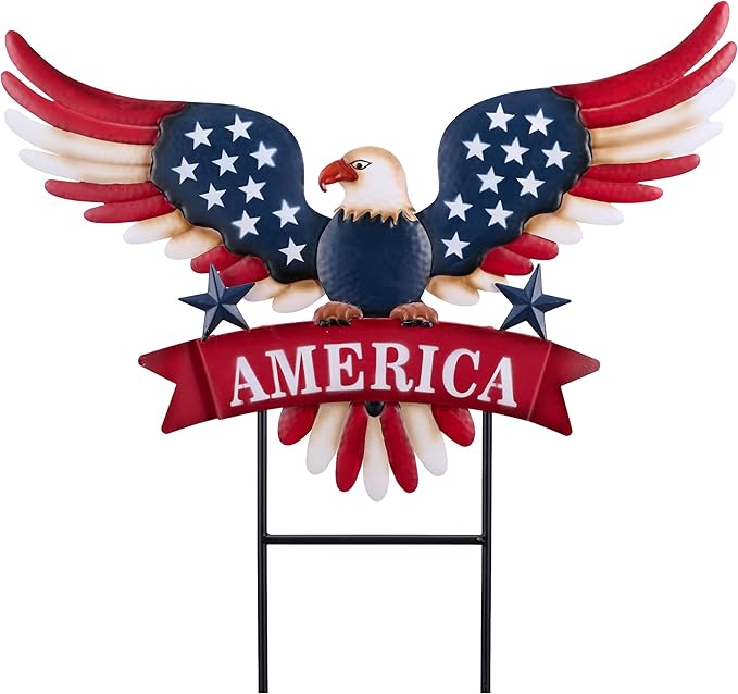 TERESA'S COLLECTIONS 4th of July Decorations for Outdoor, Patriotic Memorial Day Garden Decor, Eagle Metal Yard Art Sign for Outside, Americana Garden Stake for Lawn, Independence Day Gifts, 26.7''