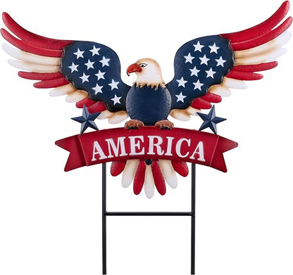 TERESA'S COLLECTIONS 4th of July Decorations for Outdoor, Patriotic Memorial Day Garden Decor, Eagle Metal Yard Art Sign for Outside, Americana Garden Stake for Lawn, Independence Day Gifts, 26.7''