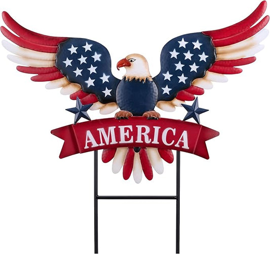 TERESA'S COLLECTIONS 4th of July Decorations for Outdoor, Patriotic Memorial Day Garden Decor, Eagle Metal Yard Art Sign for Outside, Americana Garden Stake for Lawn, Independence Day Gifts, 26.7''