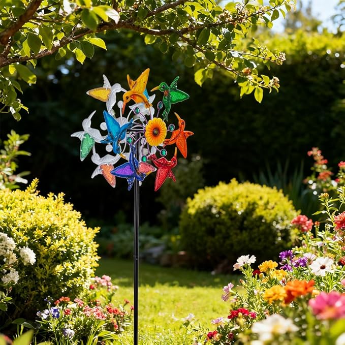 Wind Spinners Outdoor, Double-Sided Hummingbird Garden Windmill for Yard with 12 Colorful Bird Blades, Gemstone Decor Lawn Spinner, Unique Wind Spinners Art for Patio