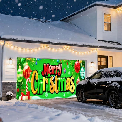IVN Christmas Garage Door Cover Decoration 13x6ft Bright Green Background Candy Canes Colorful Letters Merry Christmas Winter Garage Door Banner Home Door Front Yard Decor for Xmas Eve Holiday Outdoor