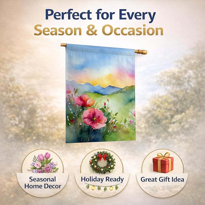 Caroline's Treasures North Dakota Wild Prairie Roses in Watercolor House Flag Large Porch Sleeve Pole Decorative Outside Yard Banner Artwork Wall Hanging, Polyester, House Size, Multicolor