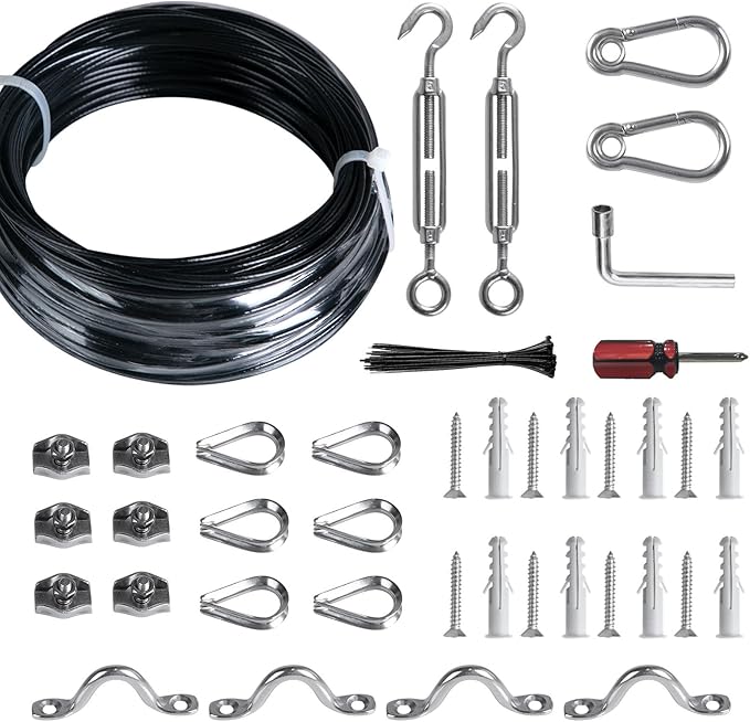 Brightown String Lights Hanging Kit for Outdoor, Includes 100Ft Stainless Steel(304) Suspension Rope Cable in Black Vinyl-Coated, Turnbuckle, Thimble, Hooks. Heavy Duty and Easy to Install