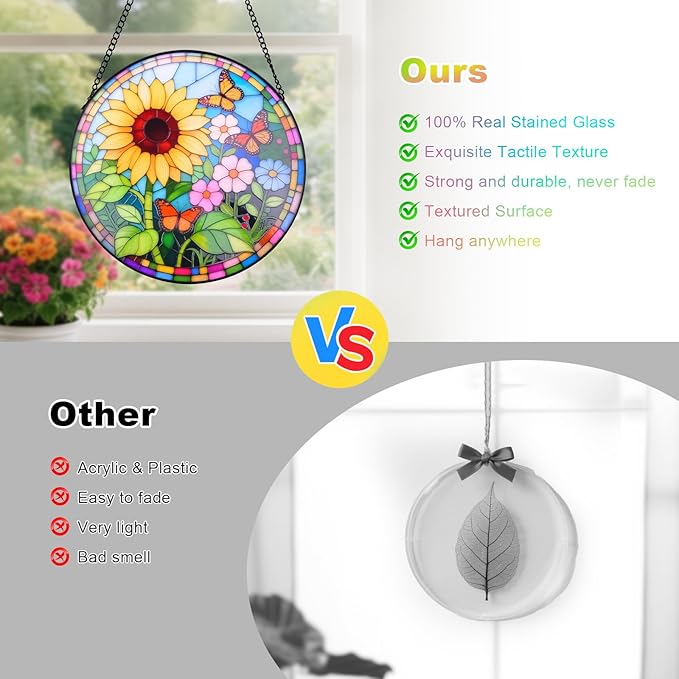 Sunflower Stained Glass Window Hanging Suncatcher – Round Floral Glass Panel for Window, Garden, Wall Decor – Sunflower Gift Suitable for Birthdays and Mother's Day (12 Inch)