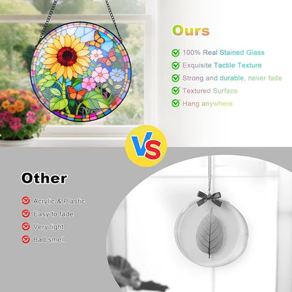 Sunflower Stained Glass Window Hanging Suncatcher – Round Floral Glass Panel for Window, Garden, Wall Decor – Sunflower Gift Suitable for Birthdays and Mother's Day (12 Inch)