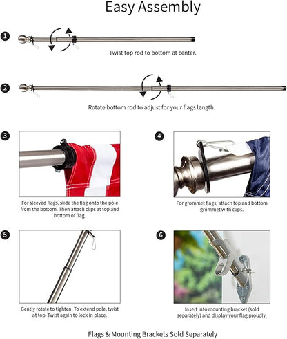 Evergreen Flag Telescoping 5ft Metal Flag Pole | Incl Two Tangle-Free Ring Clips | Stainless Steel | Wall Mounted for Home Garden Outdoor | House and 3'x5' American Flags with Pole Sleeve or Grommets