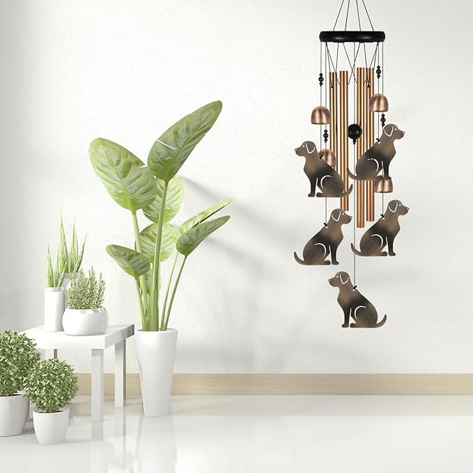Bronze Dog Wind Chime, Gifts for Mom, Home, Garden, Balconies, Room, Patio, Indoor, Outdoor Decoration, with 4 Aluminum Tubes 5 Dogs Wind Chimes, Doggy Wind Catcher, Puppy Wind Bell Decor