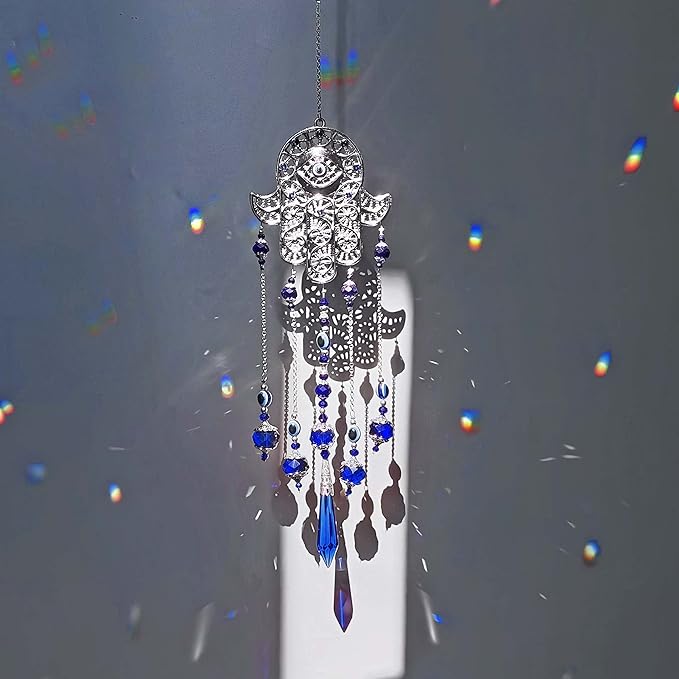 Crystal Prism Suncatcher Ornament for Christmas Tree with Hamsa Fatima Hand Protection Charm Turkish Greek Blue Evil Eye Sapphire Crystals Beads for Window Hanging Decoration