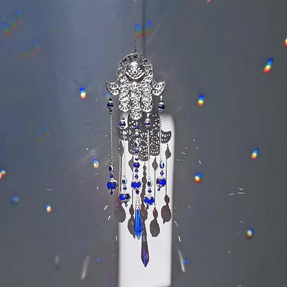 Crystal Prism Suncatcher Ornament for Christmas Tree with Hamsa Fatima Hand Protection Charm Turkish Greek Blue Evil Eye Sapphire Crystals Beads for Window Hanging Decoration