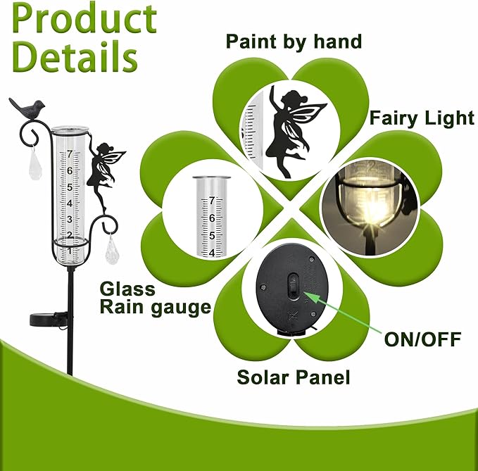 J-Fly Glass Weather Station with Rain Gauge for Solar Yard Decorations, Solar Glass Freeze Proof Rain Measure Gauge Outdoor Stratus Raingage Garden Stakes, Outdoor Yard Fairy Garden Decor Accessories
