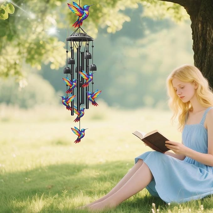 Hummingbird Wind Chimes for Outside, Black Metal Windchimes Outdoors, Hummingbirds Gifts for Women/Men, Garden/Yard Decor, Memorial/Birthday Gifts for Grandma/Mom, Durable Chimes for Outdoors