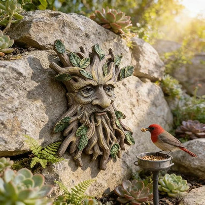 Whimsical Tree Face Garden Decoration ，Tree Faces Decor Outdoor Wallmounted Statue Art with Leaf Features, Outdoor Decor Garden Accessory (Nature and Outdoors)