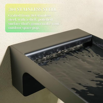 304 Stainless Steel Outdoor Garden Waterfall Spout, Water Fountain Spillway Made Exquisite Handcrafted for Landscape Decors, Patios, Pools, Courtyards, Water Walls (Black Powder Coating)