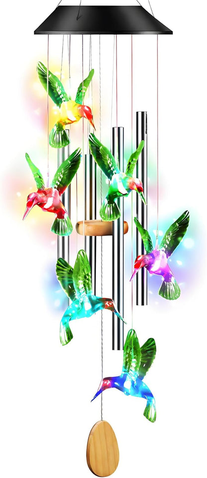 38” Hummingbird Aluminum Tube Solar Light LED Wind Chime for Outside, Weather Resistant Decoration Outdoor Garden Patio Soft Tone Decor, Gift for Birthday, Mother's Day, Atmosphere Creator