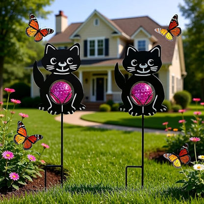 Back Cat Solar Lights Outdoor Decorations, 2 Pack Metal Iron Solar Stake Lights for Yard, Garden, Lawn Decor