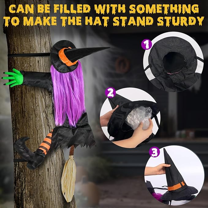Crashing Witch into Tree Halloween Outdoor Decoration with 2 Pack 43‘’ Hanging Ghost Light Up Ghost Decorations, Halloween Decor for Yard Garden Porch