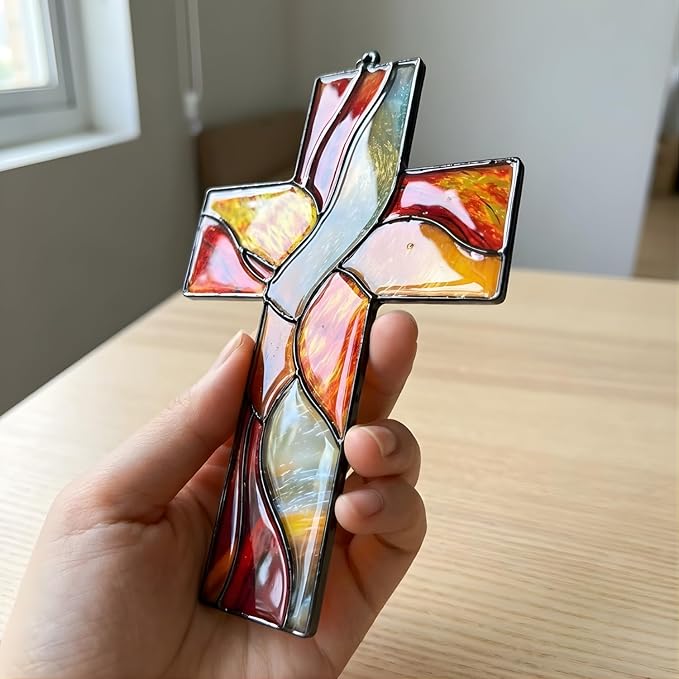 Amber Christian Cross Handmade Resin Suncatchers, Artisan Boho Sun Catcher Stained Glass Effect Window Hanging Garden Decor, Gift for Mother's Day Mom Grandma Wife Women