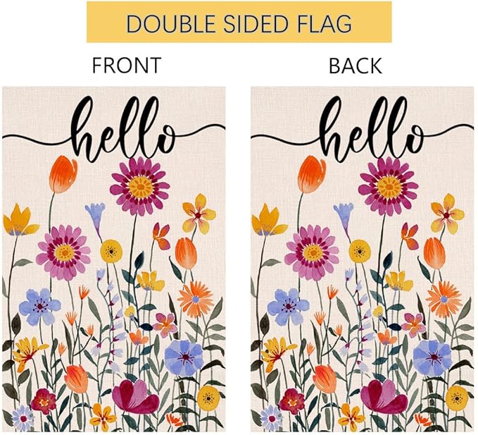 Hello Spring Floral Garden Flag 12x18 Vertical Double Sided Colorful Flowers Summer Farmhouse Holiday Outside Decorations Burlap Yard Flag BW257