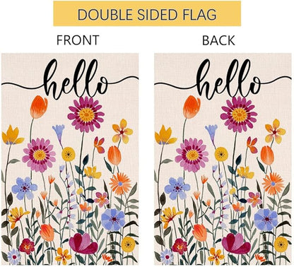 Hello Spring Floral Garden Flag 12x18 Vertical Double Sided Colorful Flowers Summer Farmhouse Holiday Outside Decorations Burlap Yard Flag BW257