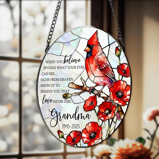 Personalized Grandma Memorial Stained Glass Suncatcher, Custom Red Cardinal Window Hanging Suncatcher for Loss of Loved One, Sympathy & Remembrance Gift, Floral Sun Catcher for Window