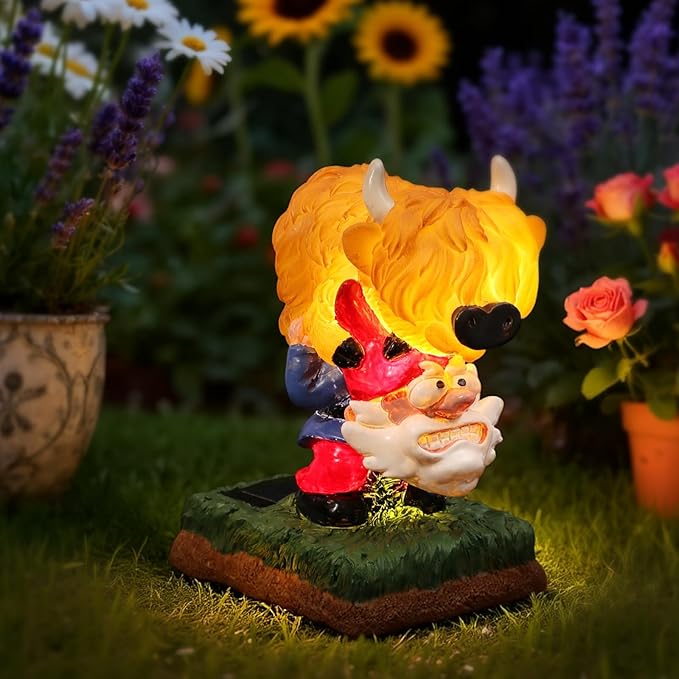 Garden Gnome Statue Highland Cow Gift,Yard Patio Balcony Outdoor Decor Solar Light Figurine, Christmas, Housewarming, Idea Gift for Mom, Neighbor,Gnome Lover
