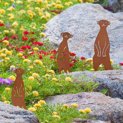 3Pcs Rusty Garden Decorative Stakes Metal Animals Garden Decor Meerkat Statues Outside Yard Art Sculptures Patio Lawn Ornaments