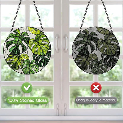 Stained Glass Window Hanging, 8 Inch Monstera Plant Suncatcher, Sun Catchers Indoor Window, Tropical Leaf Suncatchers for Windows Hanging, Spring Home Garden Decor Panel Plant Lover Gift for Women Mom