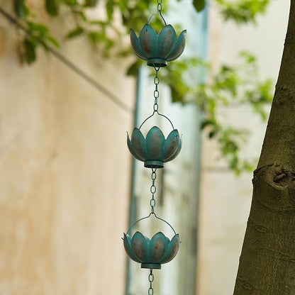 Metal Rain Chain Decoration 8.5FT., Rain Catcher Metal Chain Gutter Downspout 104'' for House Eaves, Garden & Home, Flower Cups Garden Decoration,Lake Blue