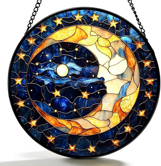 Funoasis Stained Glass Window Hanging 6.3 Inches Suncatcher - A Corner of The Starry Sky and Yellow Pentagram Ornaments Sun Catcher Home Decor Women Birthday