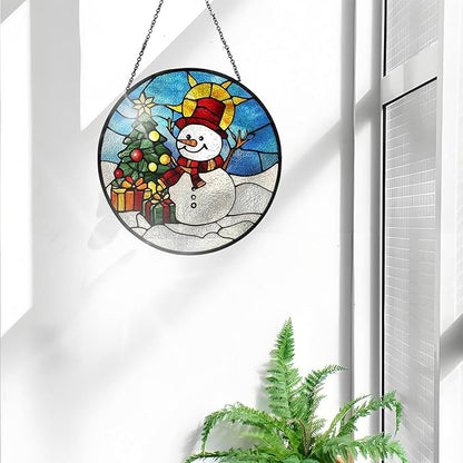 Bimkole Snowman Stained Glass Suncatcher Window Hanging - Christmas Tree Indoor Window or Doorway Decoration - Handmade Sun Catcher Decor for Garden Home Christmas & Birthday Gifts 7.87x7.87 Inch