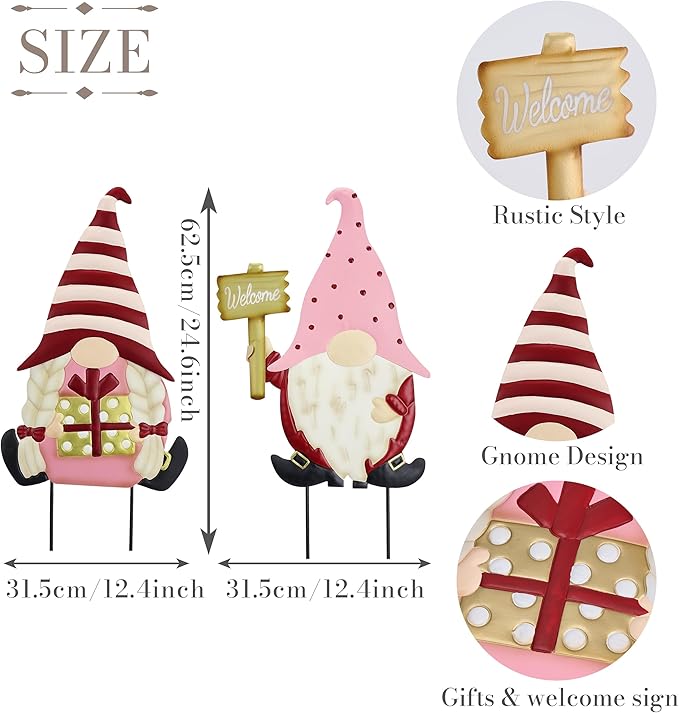 TERESA'S COLLECTIONS Valentines Decorations Outdoor for Home, 2Pcs Metal Gnomes Decor Garden Stakes, Valentine Yard Stakes Gifts for Her Him, Welcome Yard Signs for Outside Lawn Porch Patio, 25"