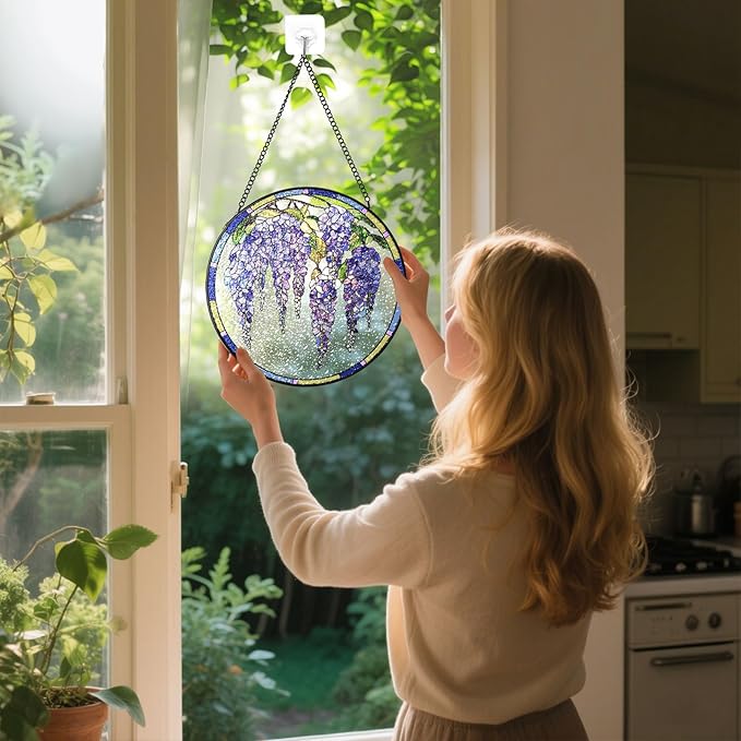 Stained Glass Suncatchers Window Hanging, Wisteria Flower Sun Catchers Indoor Window Stained Glass Hanging Garden Decor, Birthday Gifts for Mom Grandma Aunt Sister Bestie 6.3 in