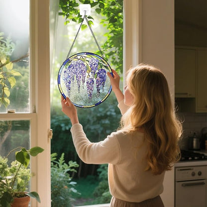 Stained Glass Suncatchers Window Hanging, Wisteria Flower Sun Catchers Indoor Window Stained Glass Hanging Garden Decor, Birthday Gifts for Mom Grandma Aunt Sister Bestie 6.3 in