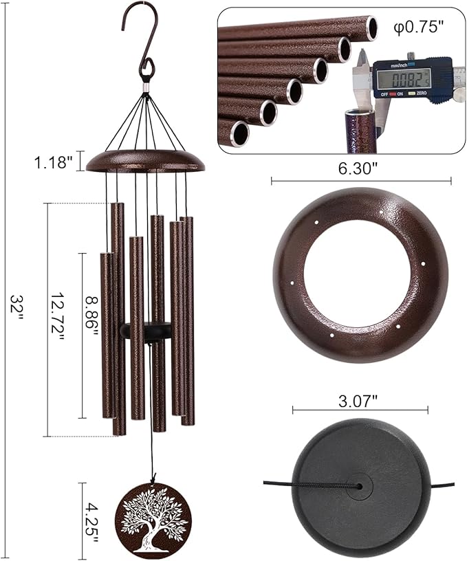32" Memorial Wind Chimes Outdoor Deep Tone, C Major Tuned Aluminum Wind Chime with Gift Box & Message Envelope, Sympathy Wind Chime for Garden Patio Hanging Decor, Tree Pattern, Bronze