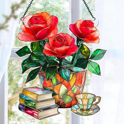 Jesuspirit - Window Hanging Suncatcher – Crystal Clear Acrylic & Wood Sun Catcher for Home Decor, for Women (Nostalgic Roses, Books, and Tea, 8 Inches)