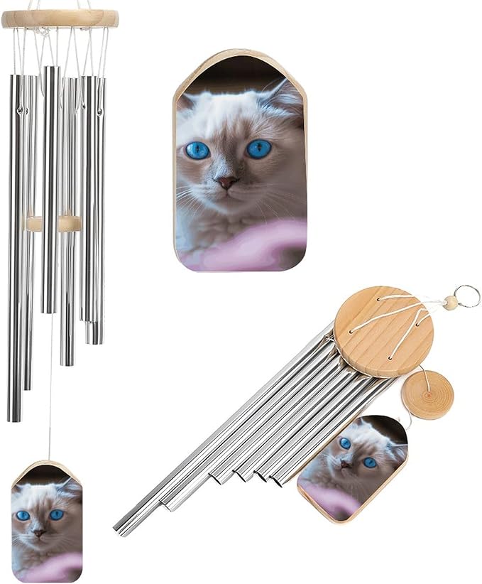 Wind Chimes for Outside,Blue Eyed Cat Printed Cute Aluminium Windchimes Outdoors,Soothing Melodic Memorial Wind Chime for House Porch Patio Garden Balcony Decor