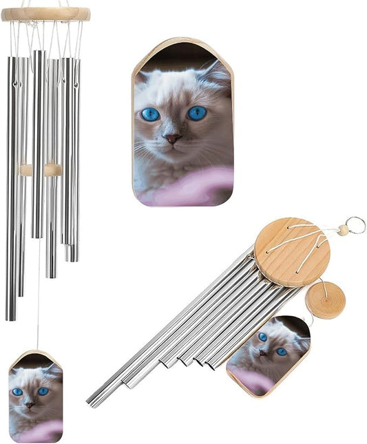 Wind Chimes for Outside,Blue Eyed Cat Printed Cute Aluminium Windchimes Outdoors,Soothing Melodic Memorial Wind Chime for House Porch Patio Garden Balcony Decor
