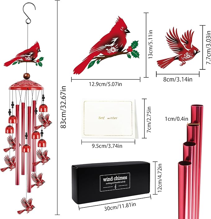Romart Cardinal Wind Chimes for Outside, 35'' Metal Memorial Windchimes in Memory of a Loved One, Sympathy Gifts for Loss of Loved One, Red Cardinal Gifts for Women Mother Mom Grandma