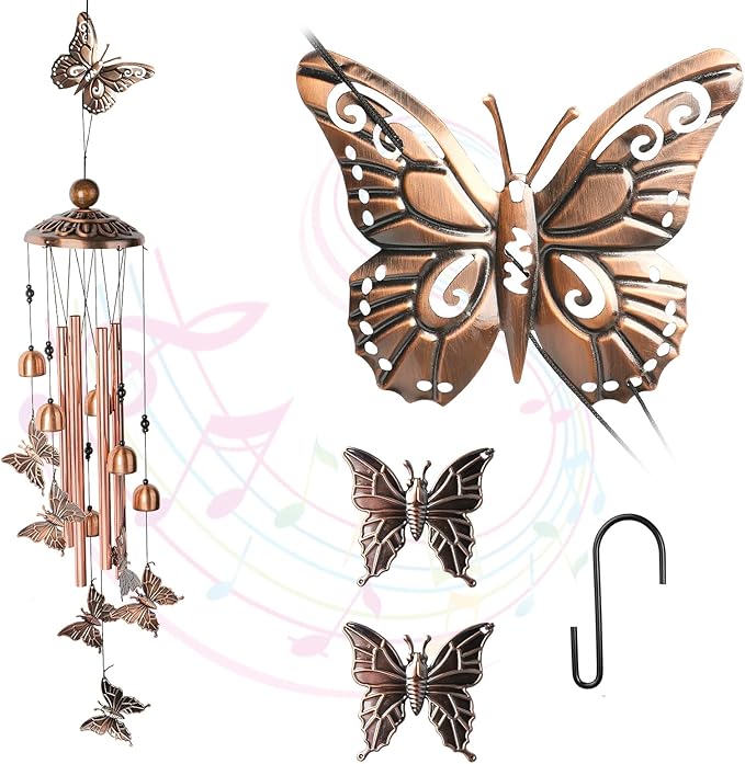 Wind Chimes for Outside, Butterfly Aluminum Tube Windchime with S Hook - Clearance Hanging Decor for Garden, Patio, Backyard or Porch