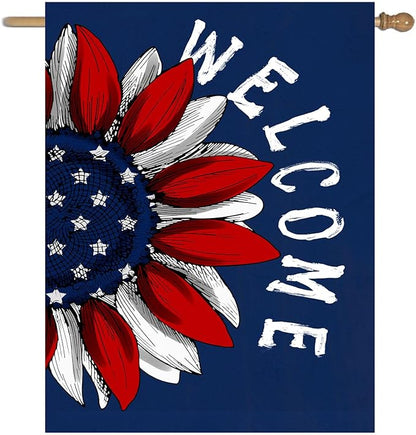4th of July Sunflower House Flag Red White Blue Floral Garden Flags 28x40 Double Sided Large Memorial Independence Day Banner for Outside Outdoor Patriotic Decor