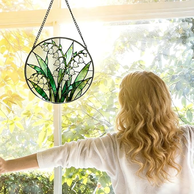 Lily of The Valley Flower Stained Glass Window Hanging, Spring Floral Botanical Suncatcher Indoor Window Glass Round Wall Art Decor, 7.9x7.9 Inch