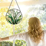 Lily of The Valley Flower Stained Glass Window Hanging, Spring Floral Botanical Suncatcher Indoor Window Glass Round Wall Art Decor, 7.9x7.9 Inch