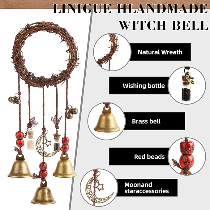 Witch Bells for Door Knob for Protection Hanging Bell Wind Chimes Handmade Decorative Bell for Boho Home Room Witchy Decor （Retro one）