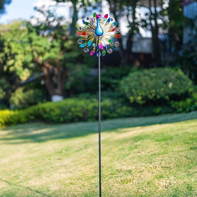 65 Inch Colorful Peacock Wind Spinner Outdoor, Two-Sided Windmill for Yard with Vibrant Front & Solid Blue Back, Large Metal Garden Wind Spinners and Statement Outdoor Garden Decor