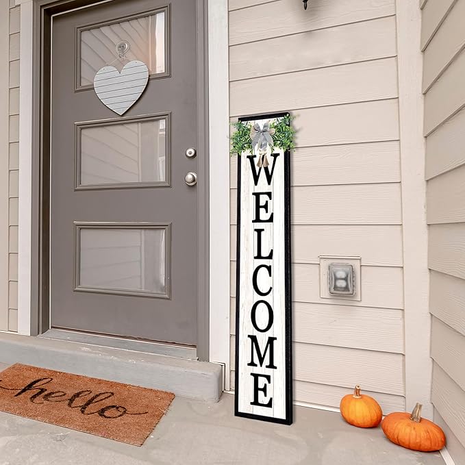 flowtorely Outdoor Welcome Sign for Front Porch Standing 45"×9" Tall Wood Frame Vertical Leaner farmhouse Outside Rustic Large Welcome Sign for Front Door Home Decorations (Black)