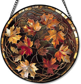 Round Autumn Maple Leaves Stained Glass Window Hanging Panel 9.8in – Elegant Fall Theme Suncatcher Wall Art for Home Window Decor and Gift
