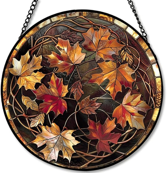 Round Autumn Maple Leaves Stained Glass Window Hanging Panel 7.8in – Elegant Fall Theme Suncatcher Wall Art for Home Window Decor and Gift